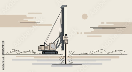 Modern Industrial Piling Rig Drilling Foundation With Flat Design Vector Illustration