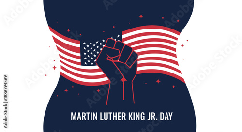 A powerful graphic illustration of a clenched fist raised in front of the American flag, symbolizing the fight for civil rights on Martin Luther King Jr. Day.
