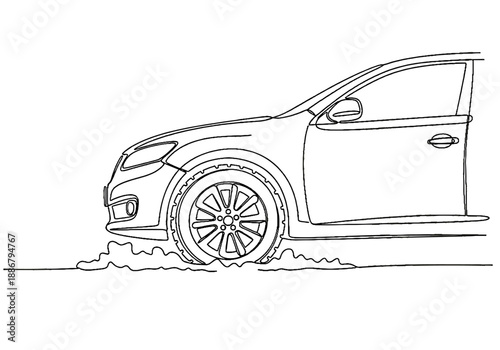 Car tire moving through slush with splash detail  