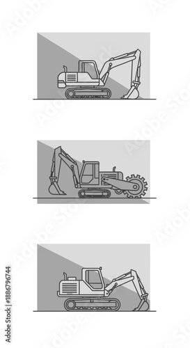 Modern Outline Icons Of Powerful Construction Excavators And Earthmoving Machines
