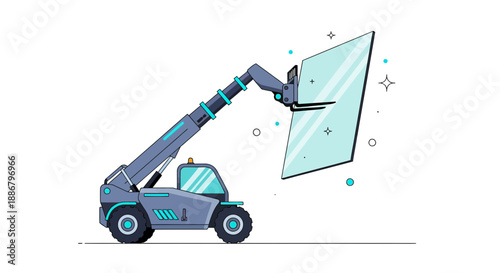Modern Telehandler Lifting Transparent Glass Panel For Efficient Building Work Cartoon