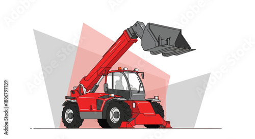 Modern Red Telehandler Forklift With Extended Boom And Bucket Graphic Illustration