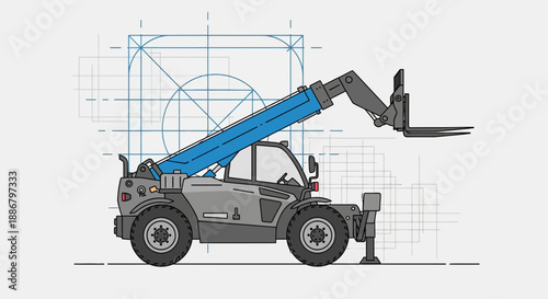 Modern Telehandler Vehicle Line Art Illustration With Blueprint Grid Background For Construction