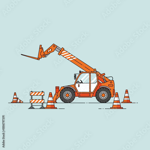 Modern Telescopic Handler Construction Equipment Vector Illustration With Safety Cones
