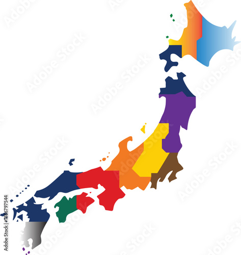 Colorful Japan map with regional divisions, vibrant flat vector illustration, modern geographic design for education, infographic, travel, presentation use