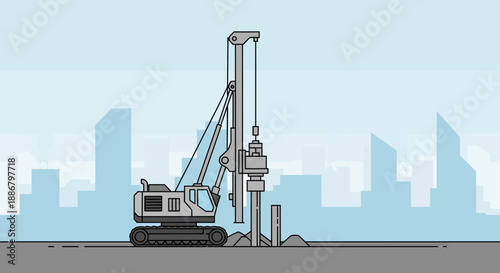 Modern Urban Construction Scene Featuring Heavy Duty Pile Driver Building Foundations