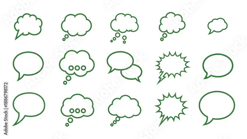 Green comic speech bubbles and thought clouds on white background for dialogue and communication design
