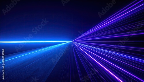Streaks of electric blue and violet light converge into a vanishing point