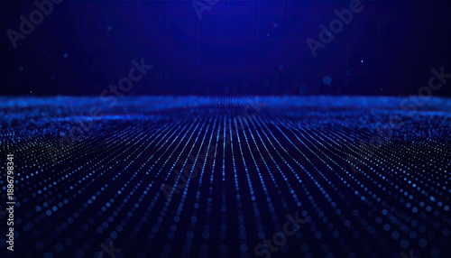Abstract digital field of glowing blue particles receding into deep blue space