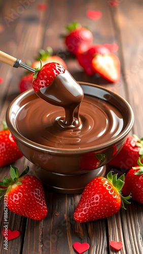 A bowl of chocolate fondue is surrounded by red strawberries on a wooden surface adorned with scattered red hearts