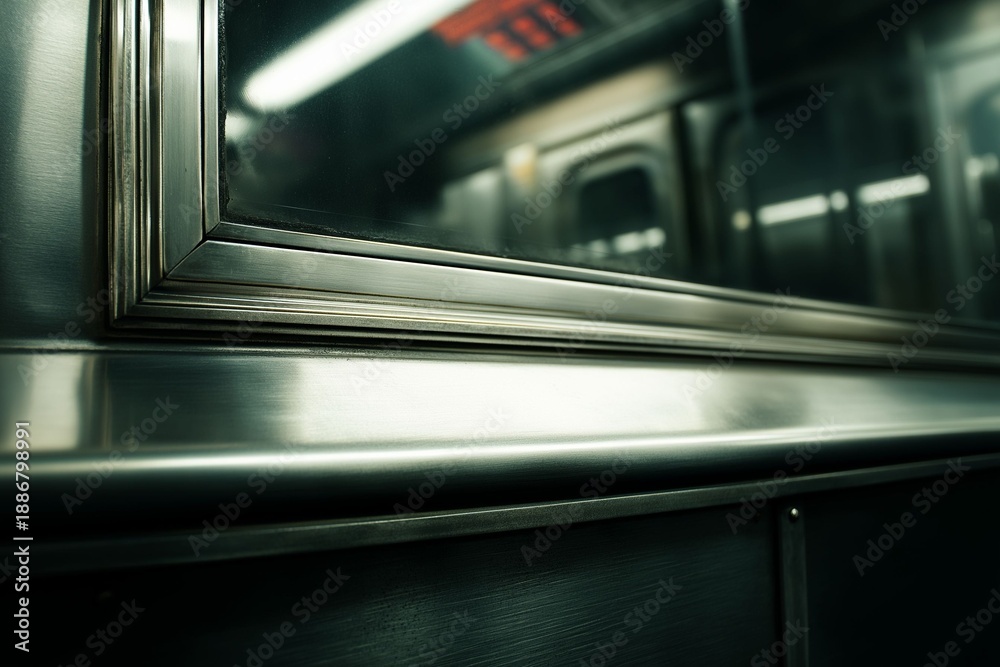 Obraz premium Subway train interior reflection urban metro station photography industrial environment close-up perspective urban exploration concept