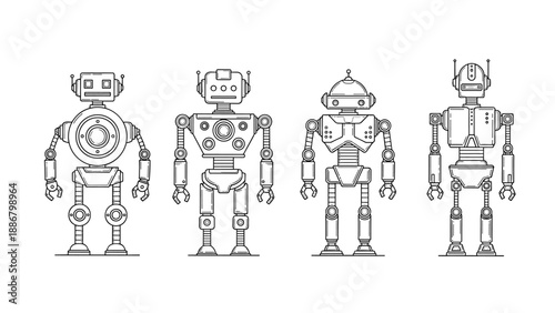 Robot outline drawing set, various droid and cyborg character illustrations for technology, AI, automation, science fiction, and retro futuristic design