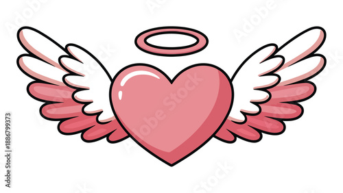 Cartoon pink heart with wings and halo on white background symbolizing love and affection