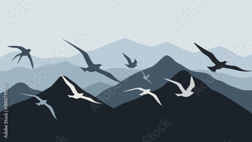 Mountains And Birds In Flight Calm Tranquil Vector Illustration Scene