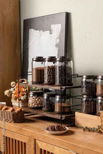 Bilde på lerret Elegant home coffee station with jars of beans and wine bottles