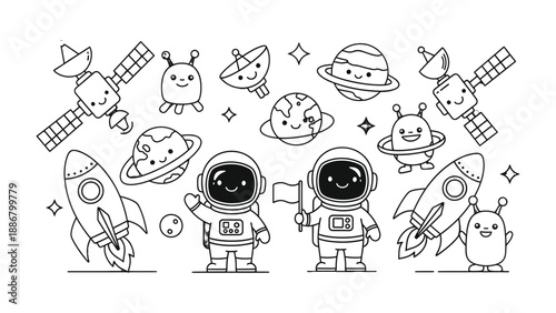 Astronauts and Space Elements: Whimsical illustrations depict an astronaut in a spacesuit with aliens and spaceships, capturing the wonder of space exploration