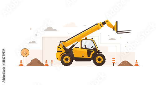 Modern Yellow Telehandler Operating On A Busy Construction Site Development Project Vector