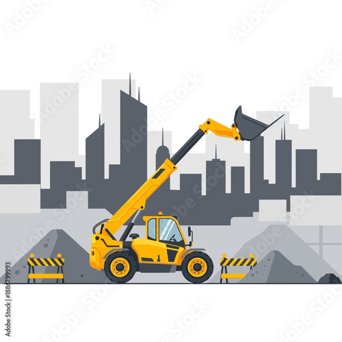 Modern Yellow Telescopic Handler Working Diligently On Urban Construction Site For Development