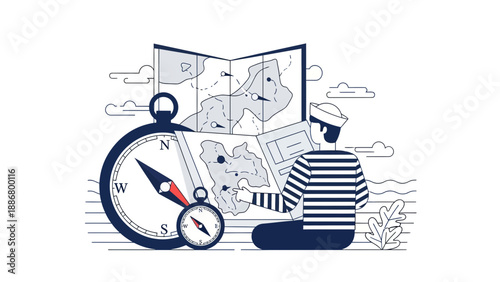 Nautical Navigation And Exploration With A Sailor Reading A Map And Compass