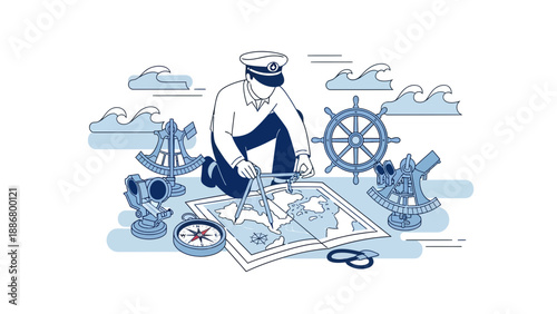 Nautical Navigator Planning Voyage Using Old Charts And Instruments Illustration