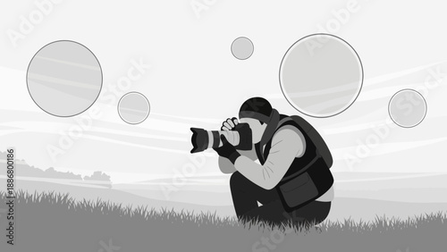 Monochrome Photographer Capturing Serene Landscape Vector Illustration Style