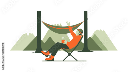 Morning Relaxation In The Forest With Hammock And Mountains Background