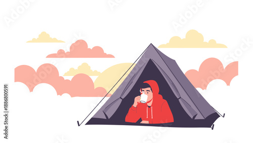 Morning Serenity Man Enjoying Coffee In Tent During Camping Adventure