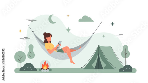 Night Relaxation In A Hammock Beside A Campfire With Mobile Communication