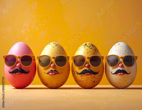 Funny Easter eggs wearing sunglasses with drawn mouths and noses, lined up in a row on a yellow background