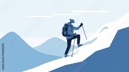 Mountaineer Ascending Snowy Peak Vector Illustration Climbing Adventure Concept