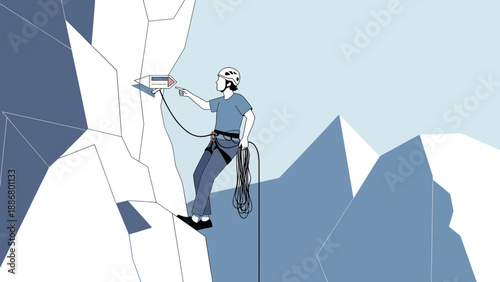 Mountaineer Inspecting Equipment On A Snowy Mountain Wall With Other Mountain Peaks