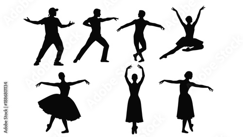 lack and White Dance Silhouette Vector Set Featuring Professional Ballet Dancers, Contemporary Performers, and Artistic Poses for Creative Theater Design Concepts