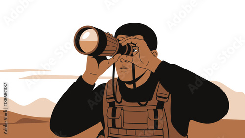 Observing Distant Horizons Man With Binoculars On Desert Landscape Graphic