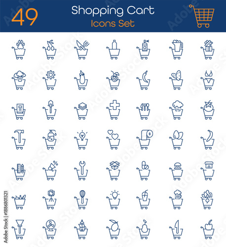 Large set of shopping cart line icons with food tools goods and services symbols. Black outline icons on transparent background for ecommerce apps websites stores menus and retail design.