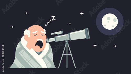 Old Man Falls Asleep While Observing The Moon With A Telescope