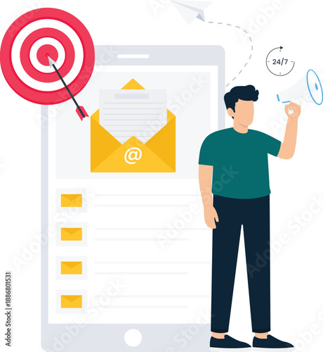 Email marketing target audience digital promotion successful campaign mobile application business communication customer engagement megaphone speaker reaching goals online advertising