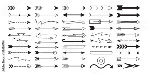 Collection of diverse hand drawn arrows and pointers in black and white vector art for design