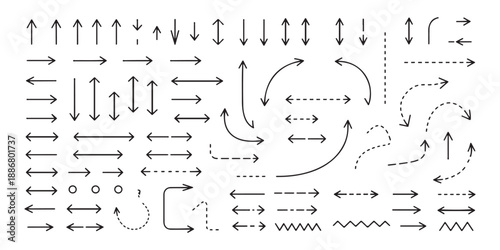 Comprehensive collection of various arrow styles in black on a clean white background, including solid and dashed lines