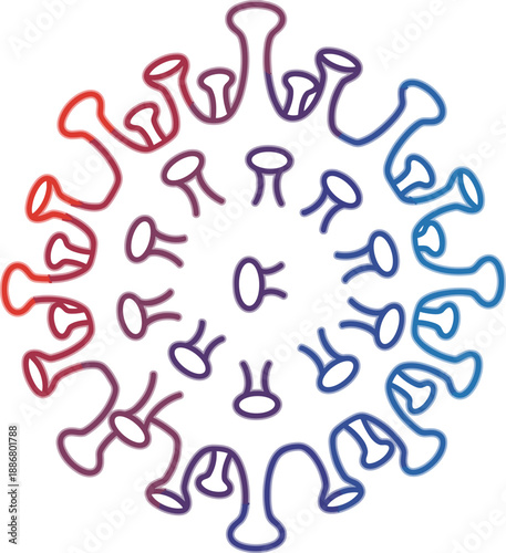 Colorful coronavirus outline icon with red to blue gradient stroke, round spiky virus symbol isolated on white background vector illustration