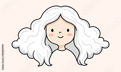 Cartoon girl with long white hair and rosy cheeks smiling happily on beige background