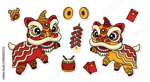 Colorful Chinese Lion Dance Costumes and Decorations