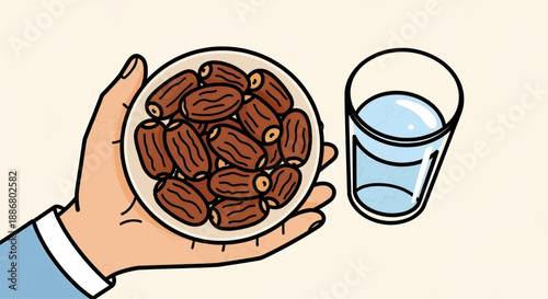 A hand holding a bowl of almonds next to a glass of water illustration