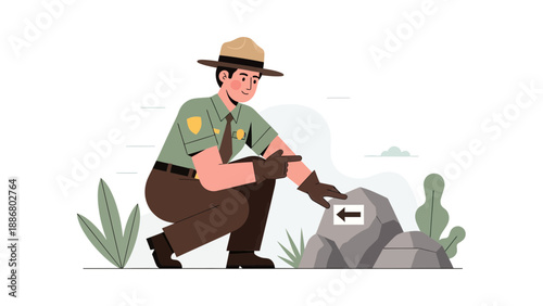 Park Ranger Points Direction on Rock Guide Sign Illustration Vector Graphic