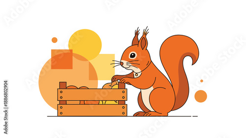 Orange Squirrel Harvests Ripe Fruits From The Wooden Box In Autumn Season