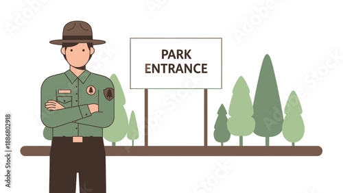 Park Ranger Welcomes Visitors at the Scenic National Park Entrance with Coniferous Trees