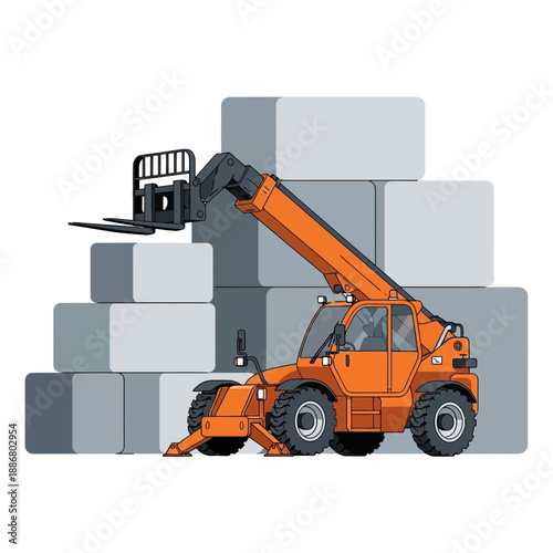 Orange Telehandler Lifting Blocks On A Construction Site Heavy Machinery Illustration
