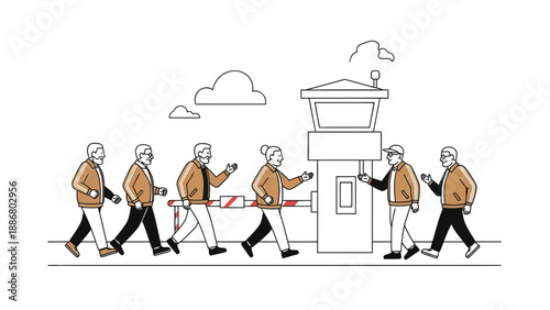 Passing The Security Gate Crowd Of People Walking In Front Of A Guard Post