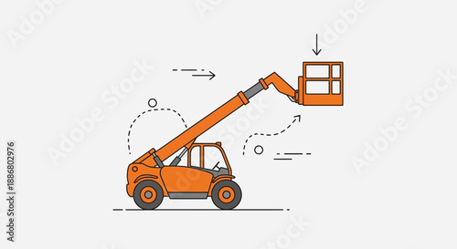 Orange Telehandler With Elevated Work Platform Flat Design Illustration