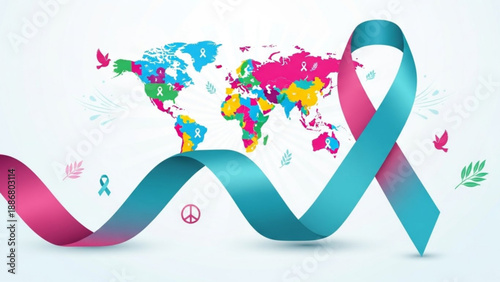Vibrant awareness ribbon wrapped around a colorful world map with butterflies and peace signs