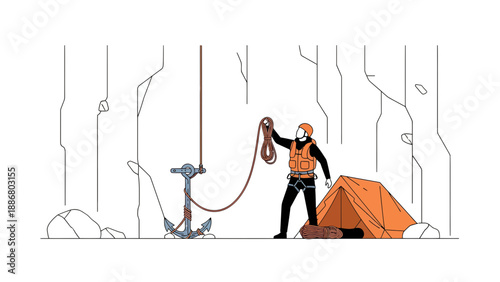 Outdoor Adventure Preparing for an Expedition with Climbing Gear and Tent